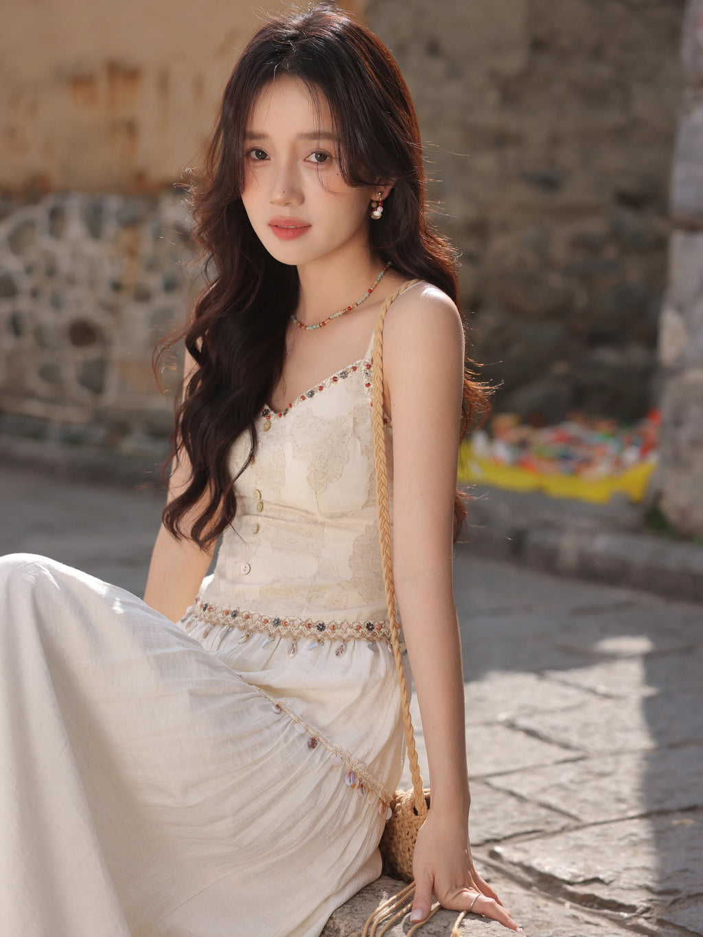 White Lace Three-Piece Set Spring Summer Slim Fit V-Neck Lace Cami Top High-Waisted A-Line Maxi Skirt Chic Red Fashion Shirt