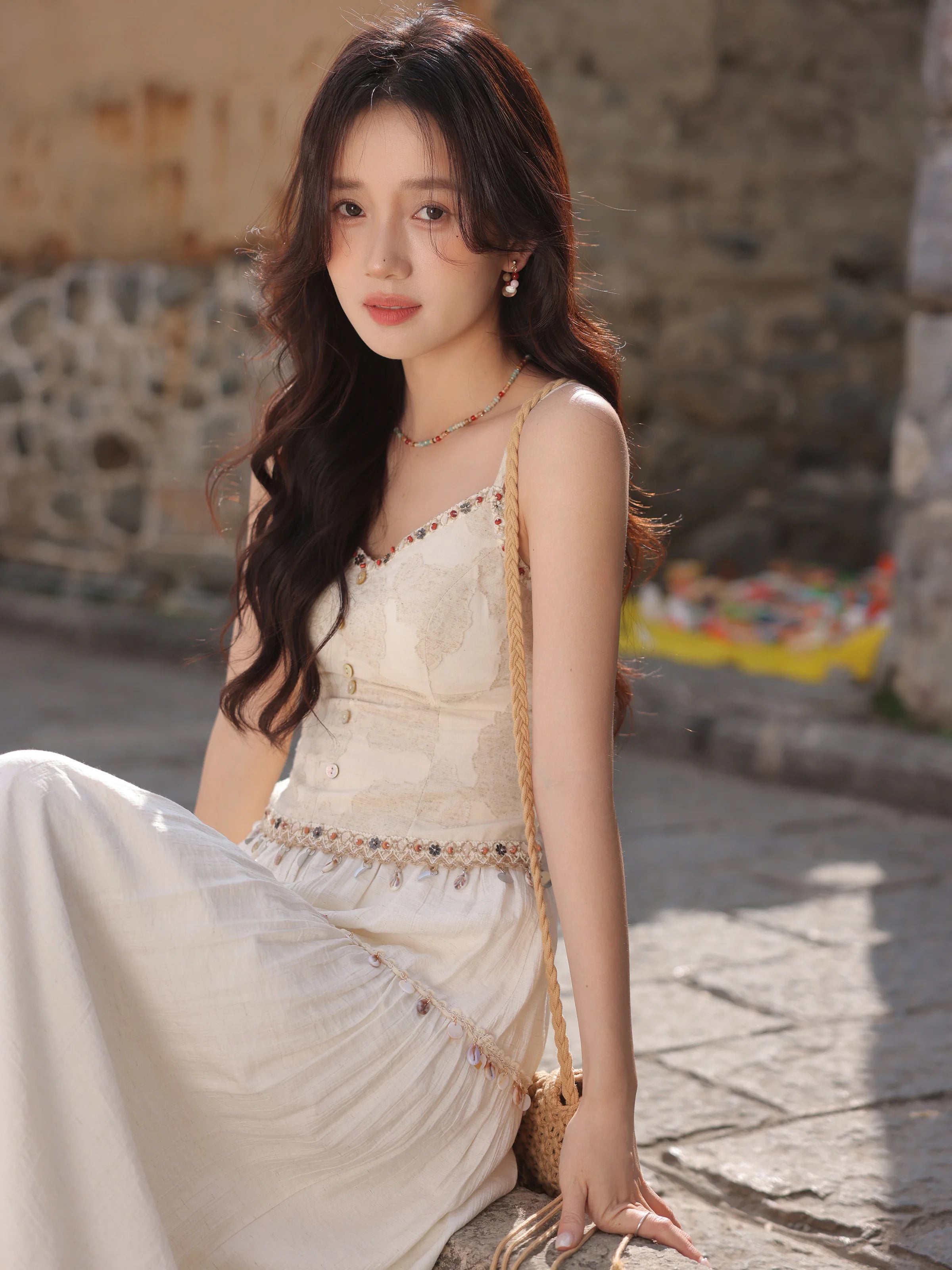 White Lace Three-Piece Set Spring Summer Slim Fit V-Neck Lace Cami Top High-Waisted A-Line Maxi Skirt Chic Red Fashion Shirt