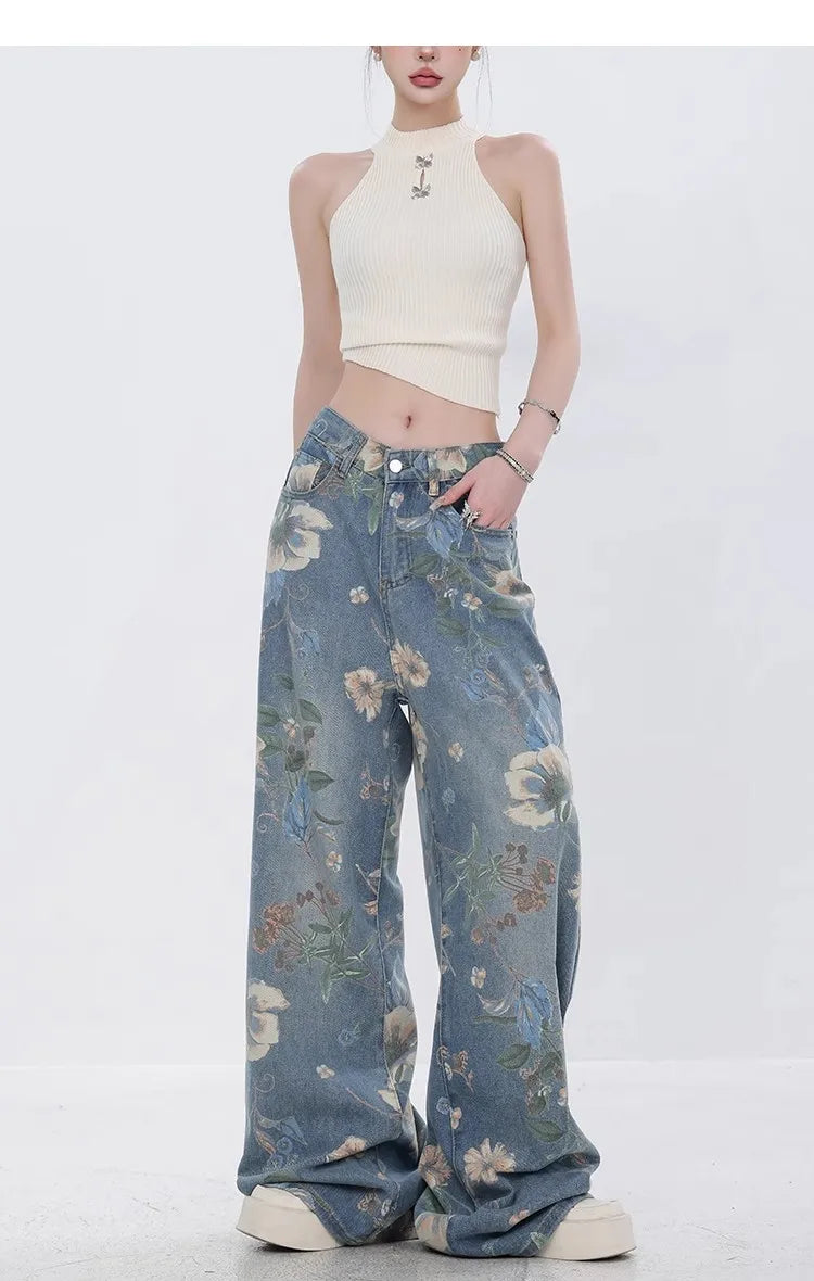 Fashion Printed Jeans 2025 Retro Floral Denim Mopping Trousers Korean Style High Street Loose Hip Hop Wide-leg Jean Pants