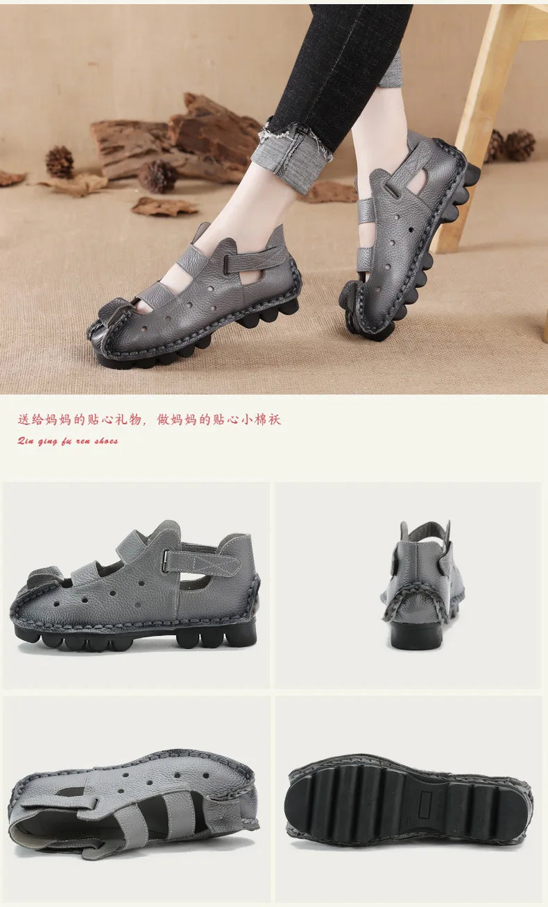 Summer Fashion Sandals 2024 New Leather Women's Shoes Soft Bottom Flat Personality Casual Women's Sandals Retro Handmade Sandals