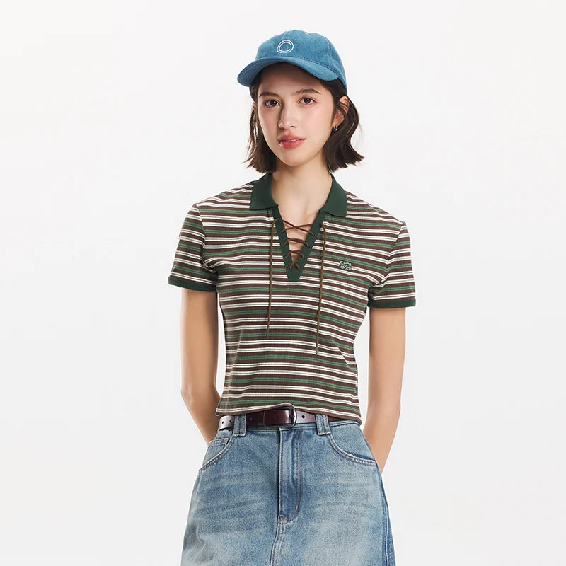 Semir Polo Shirt Women Cropped Slim Fit Tie Detail 2025 New Summer Cool Feeling Striped Top Retro for Trendy and Casual Looks