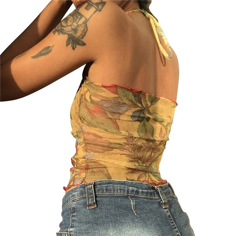 Y2K Mesh Sheer Floral T-shirt Vintage halter Tops Women Sleeveless Slim Fit Crop Top Harajuku Streetwear