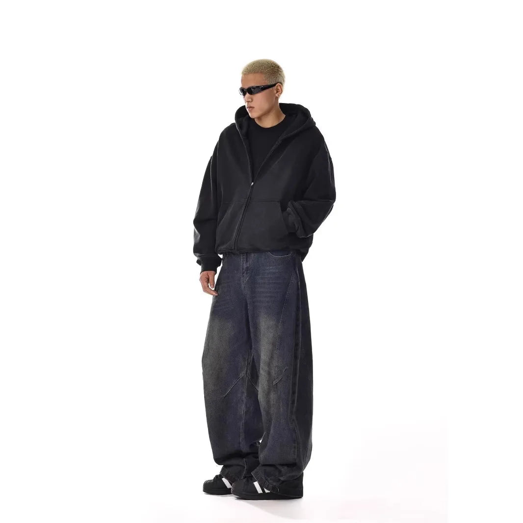 Four Season Fashion 2025 Men's Vintage Casual Trendy Washed Wide Leg Straight Solid Color Jean Trousers Male Denim Pants Clothes