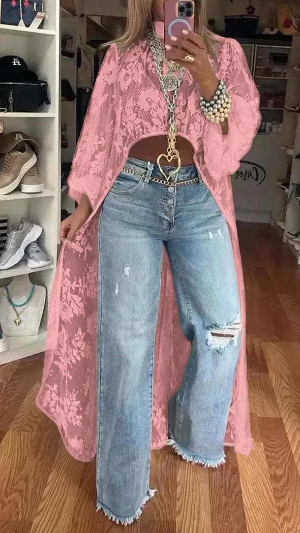 Spring Summer Fashion Solid Color Lace Blouses Women Sexy Perspective High Neck Irregular Holiday Tops Elegant Dress Women Y2k