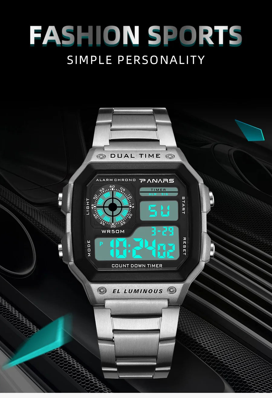 PANARS Top Luxury Stainless Steel Strap Sport Watches Mens Waterproof Back Light Digital Wristwatch Male Alarm