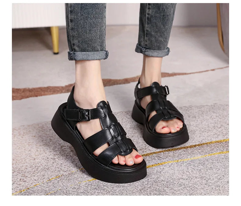 GKTINOO Summer Mixed Color Genuine Leather Sandals Roman Shoes Platform Wedges Woven Thick Soled Sandals Women Shoes Large Size
