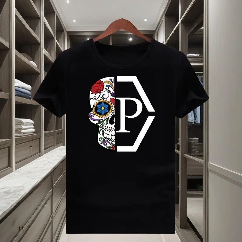 Classic Trendy Brand Half Skull Flower Printed Men's and Women's 2025 New  Short Sleeved T-shirt Round Neck