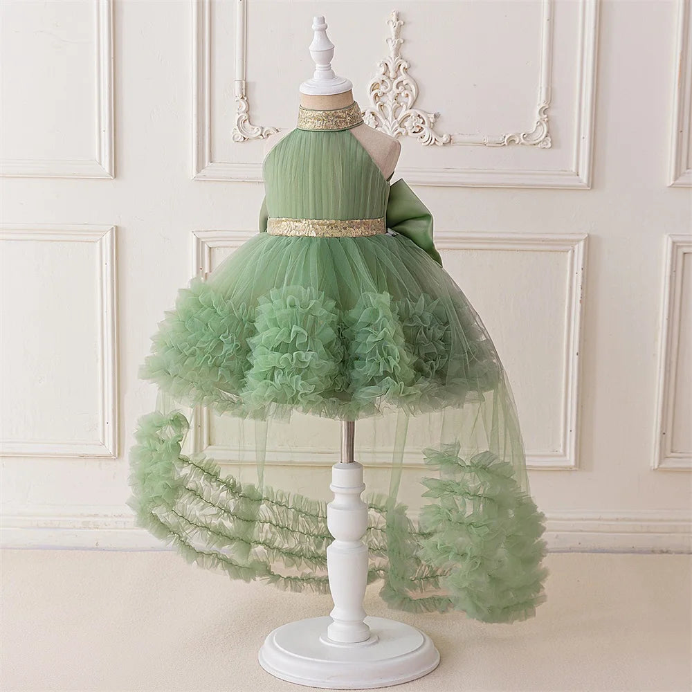 Trailing Big Bow Party Baby Girls Dresses Sequin Baptism Bridesmaid Costume Toddler Birthday Princess Dress Wedding Evening Gown