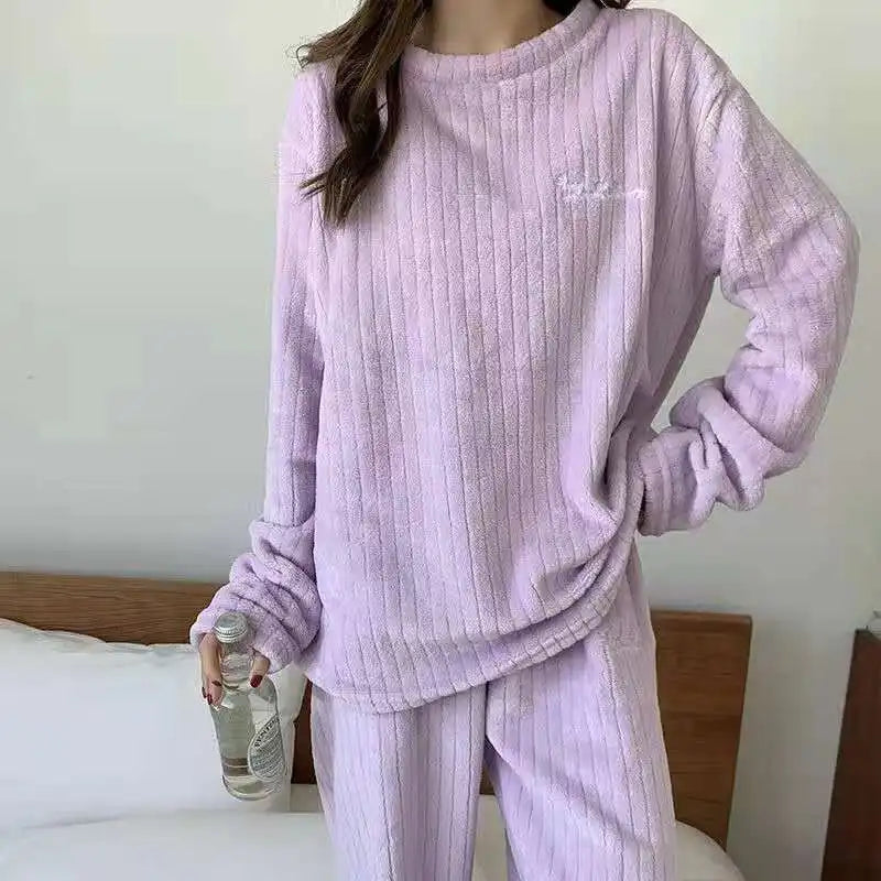 Autumn/Winter New Arrivals: Women's Warm Set Coral Fleece Pyjamas Thickened Thermal Striped Loungewear Set for Young Women