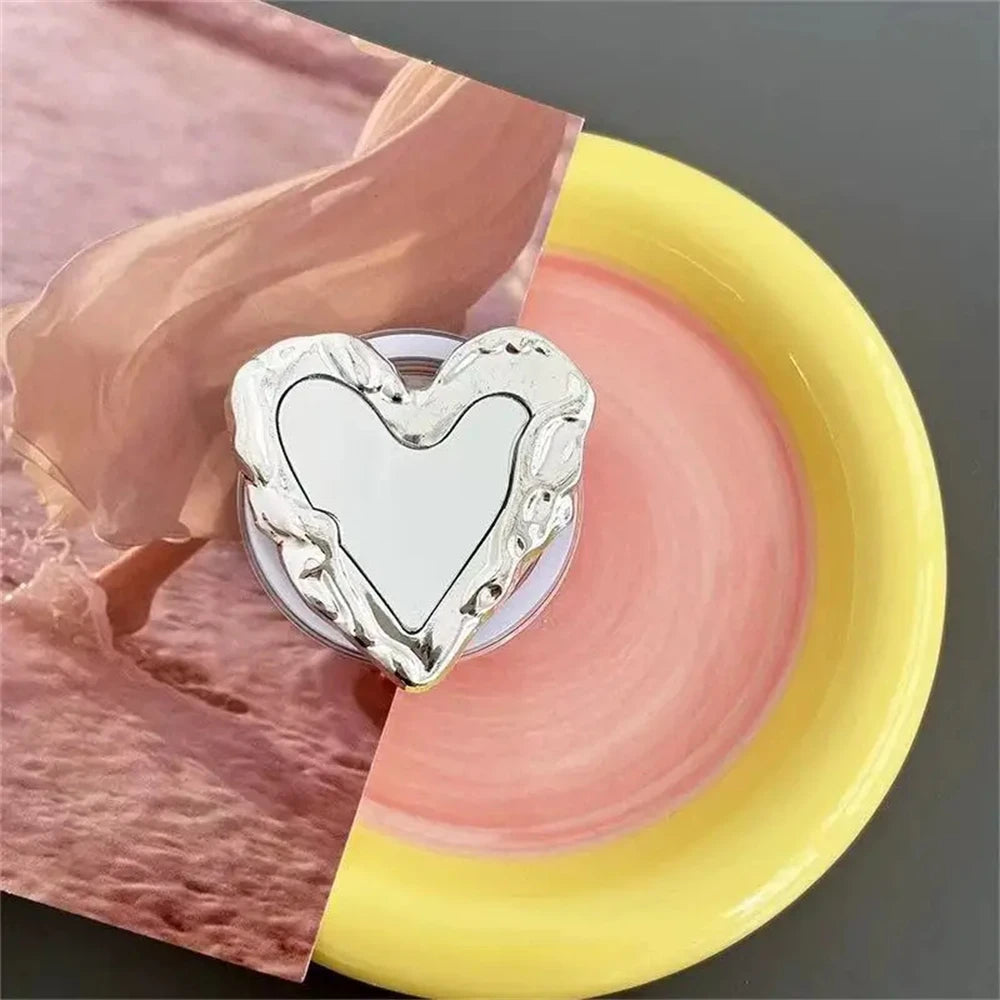 Pleated Silver Love Heart Mirror Magnetic Holder Griptok Phone Stand Holder Support For IPhone 17 16 For Pad Magsafe Smart Tok