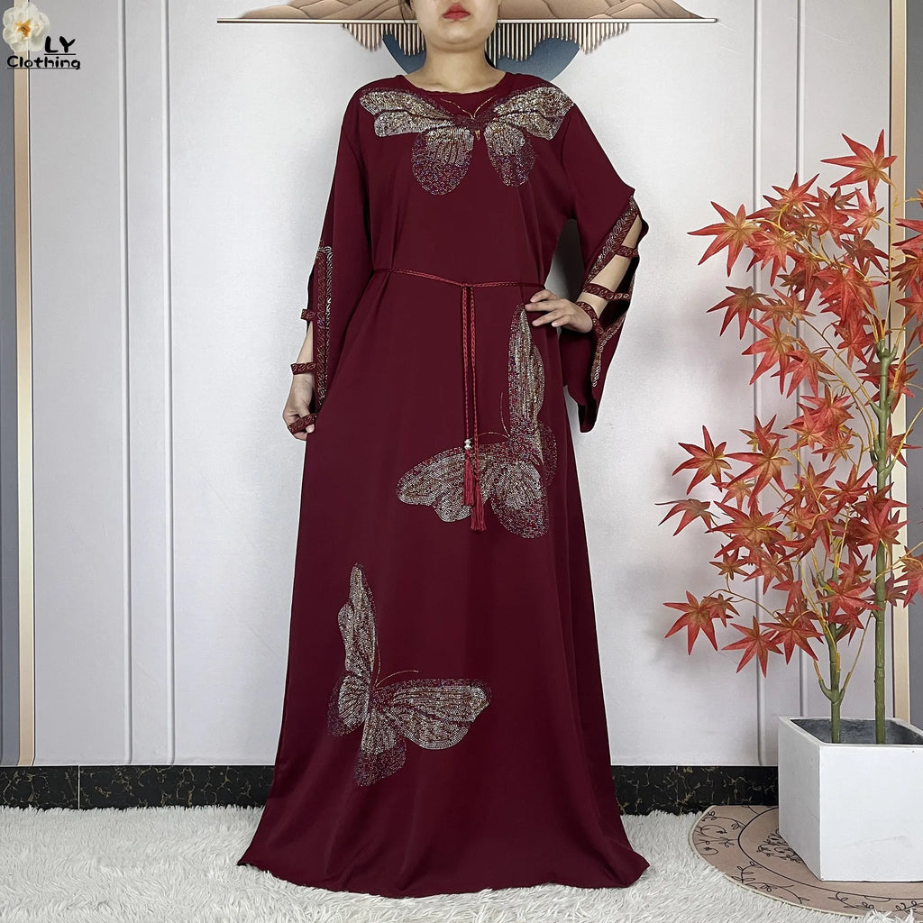 2025New Dubai Muslim Women Elegant Dress African Abaya Loose Butterfly Pattern Diamond Islamic Long Sleeve Turkey Femme Clothing