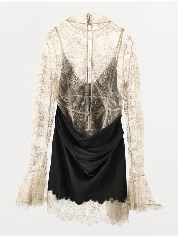 Elegant Fashionable Short Dress Lace Stitching Trendy Stylish Party Dresses Modest Dignified Sweet France Romantic Women Outfit