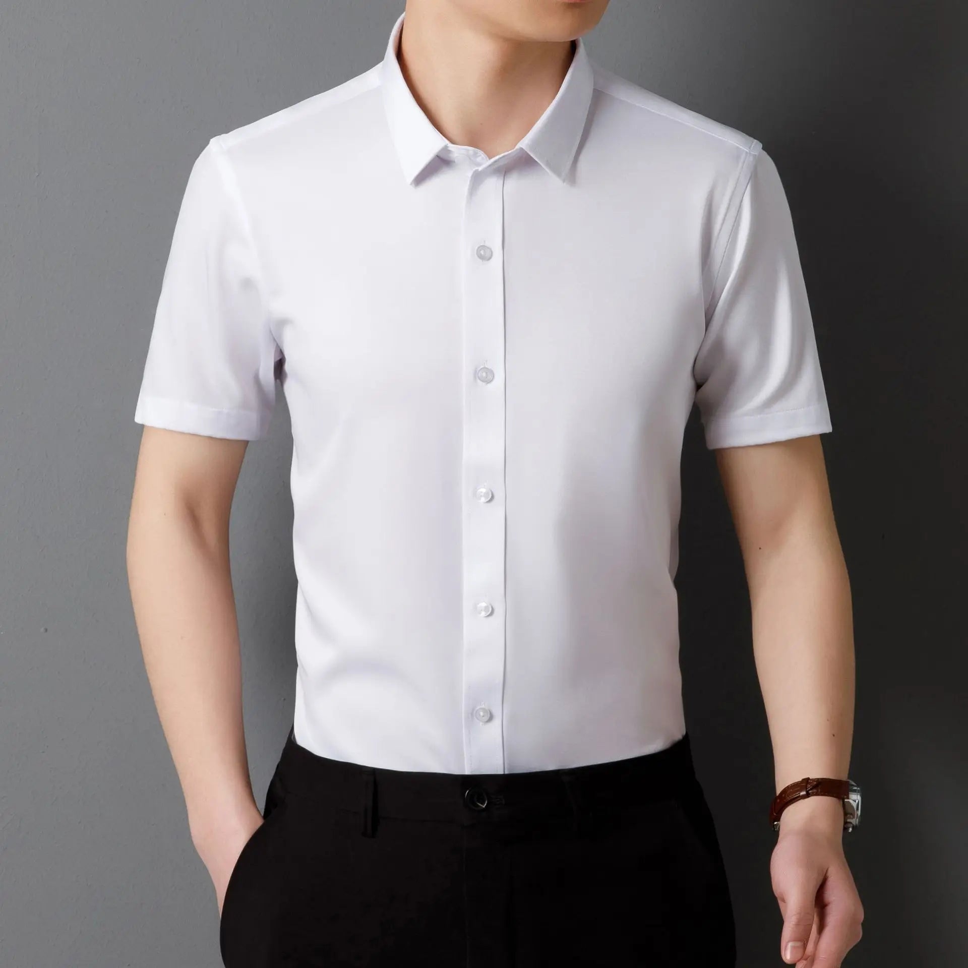 Men's Short Sleeve Shirts Summer Solid Color Polyester Turn Down Color Standard Fit Fashion Elegant Business Smart Dress Shirts