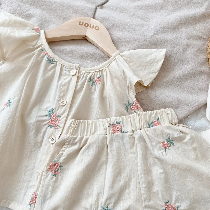 Humor Bear Girls' Clothing Sets Embroidered Children's Flying Sleeve Vest Shorts Kid Clothes Suit