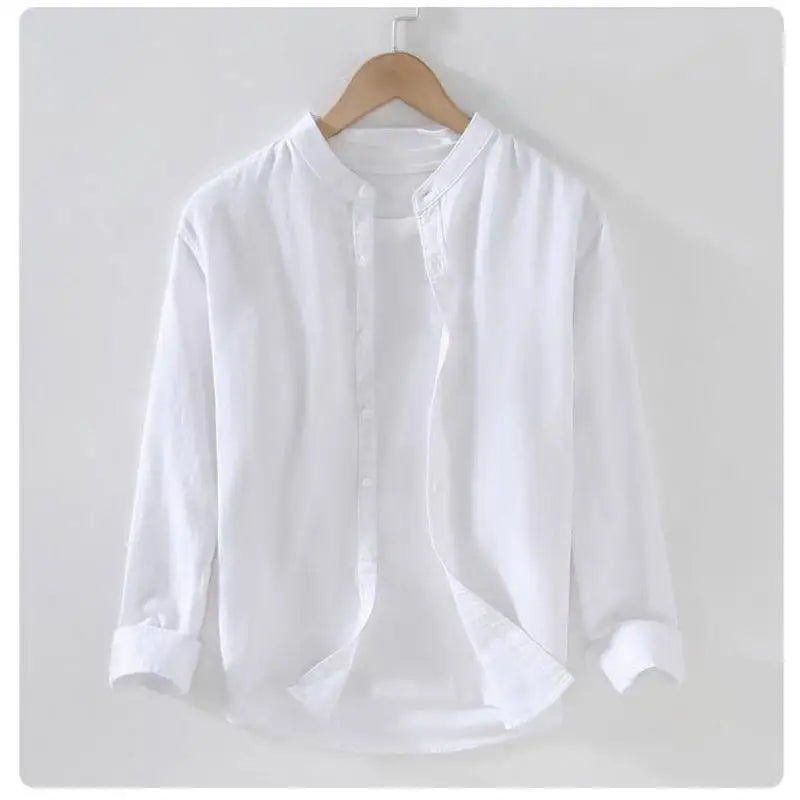 Vintage Men's Long-Sleeve Linen Shirt M-5XL Spring Summer Stand Collar Plain Color Single Breasted Streetwear