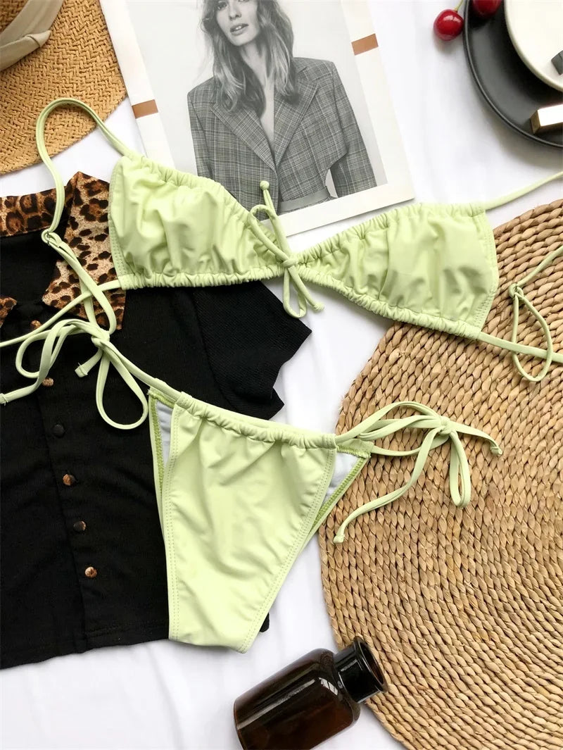 Sexy Wrinkled Micro Mini Thong Bikini Female Swimsuit Women Swimwear Two-pieces Bikini set Bather Bathing Suit Swim Beach Wear