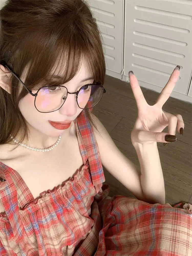 Vintage Plaid Dresses Women Ruffles Sweet French Style Bandage Loose Casual Girlish Summer New Ins Aesthetic Temperament Ulzzang