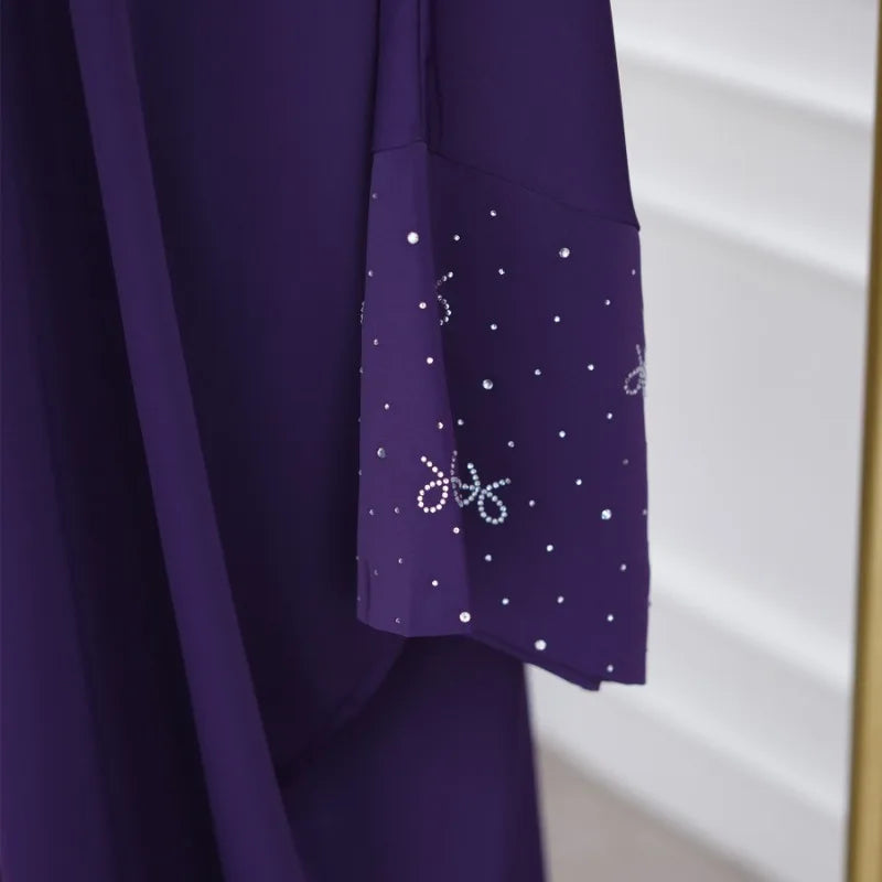 Luxury Dubai Abaya with Beaded Bow Modest Dress for Muslim Women Elegant Open Front Cover Cardigan Fashion Plain Turkey Outfit