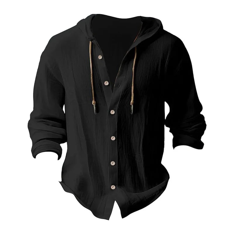 Men's solid color casual shirt, hooded drawstring cotton and linen cardigan, trendy and versatile loose beach T-shirt
