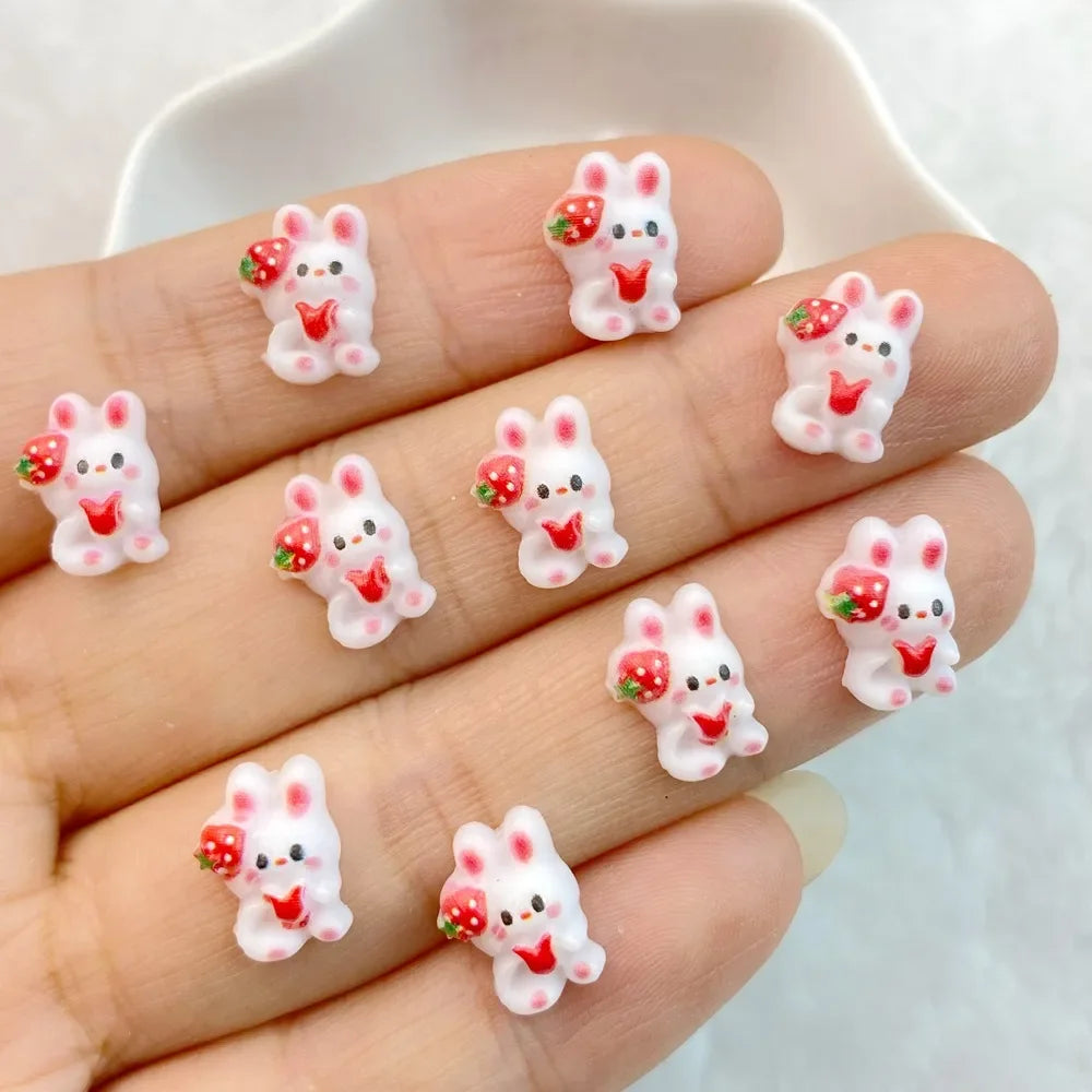 30Pcs Nail Art Accessories Cute mixed color cartoon strawberry rabbit Manicure Design Decorations Resin 3D Charm for Nails DIY