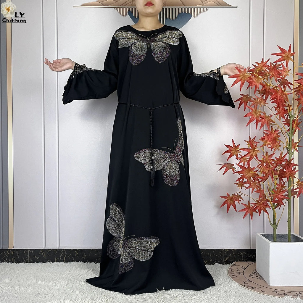 2025New Dubai Muslim Women Elegant Dress African Abaya Loose Butterfly Pattern Diamond Islamic Long Sleeve Turkey Femme Clothing