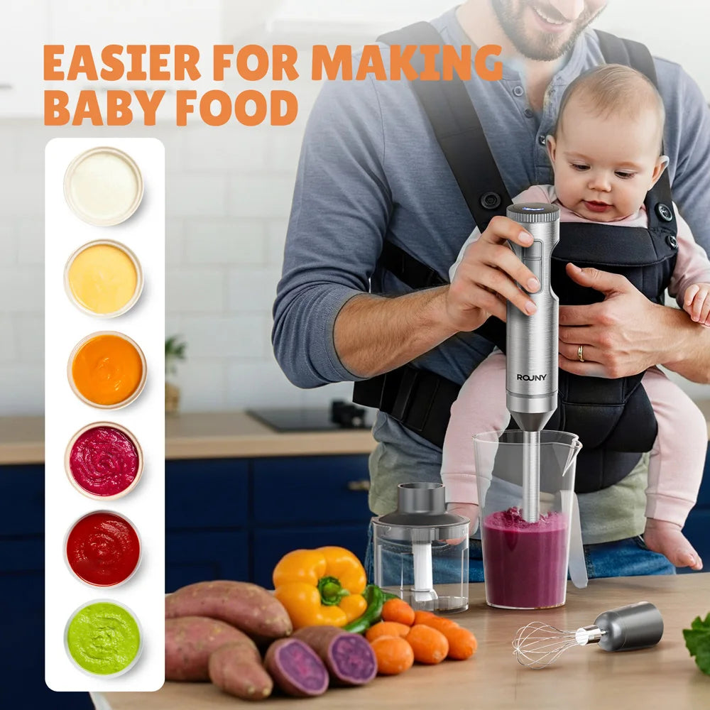 Powerful Immersion Blender,4-in-1 Stainless Steel Stick Baby Food Mixer,700ml Mixing Beaker,500ml Processor,Whisk, MAX 1200W