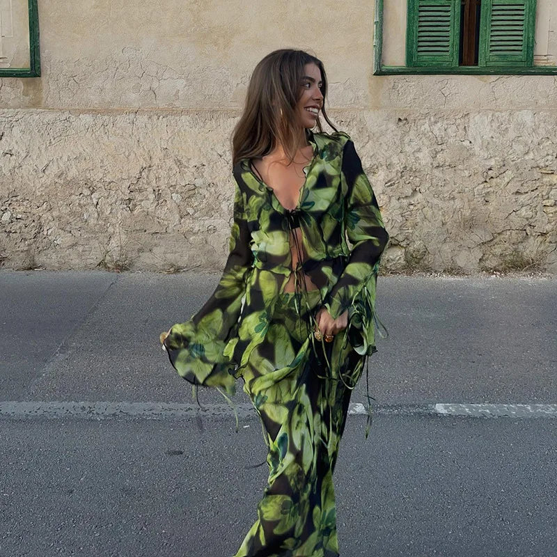 Print Y2K Mesh Long Sleeve Top Shirts Green and Maxi Skirt Bodycon Two Piece Sets Beach Outfits Women Club