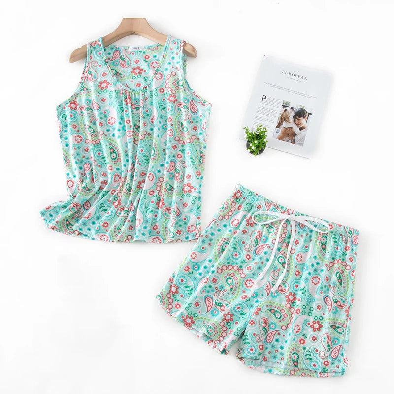 Hzioiys Summer Pajamas Sets Cotton Sleepwear Suit Women Casual Pajama Sets Cartoon Vest Shirt + Shorts Pajamas Suit Plus Size