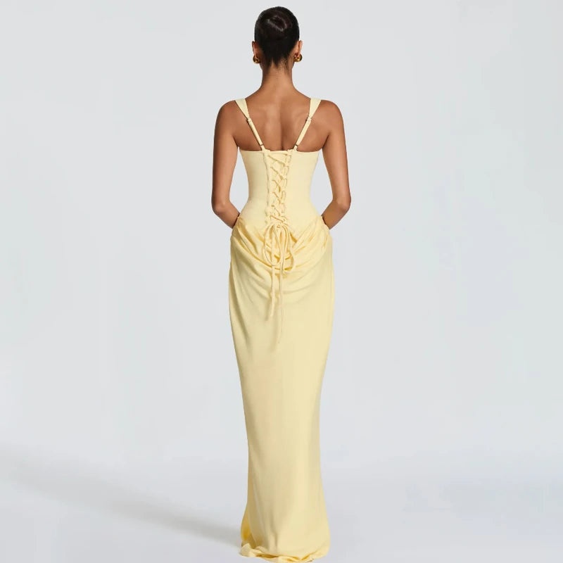 Yellow Strapless Pleated Dress Women Elegant Sexy Sleeveless Waist Cinching Split Maxi Gowns 2026 Lady New Evening Party Dresses