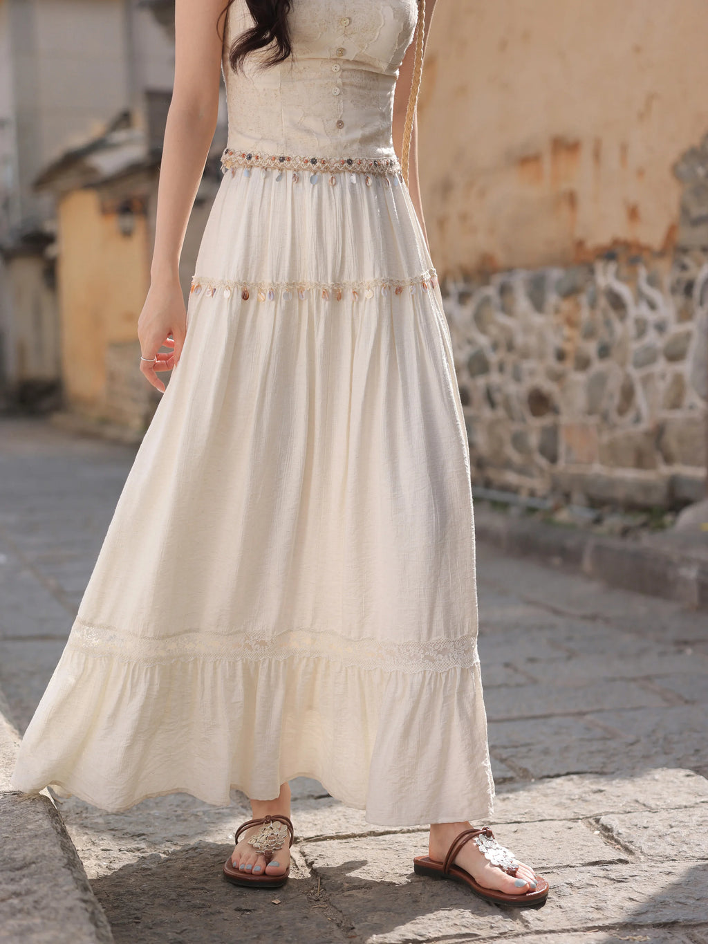 White Lace Three-Piece Set Spring Summer Slim Fit V-Neck Lace Cami Top High-Waisted A-Line Maxi Skirt Chic Red Fashion Shirt