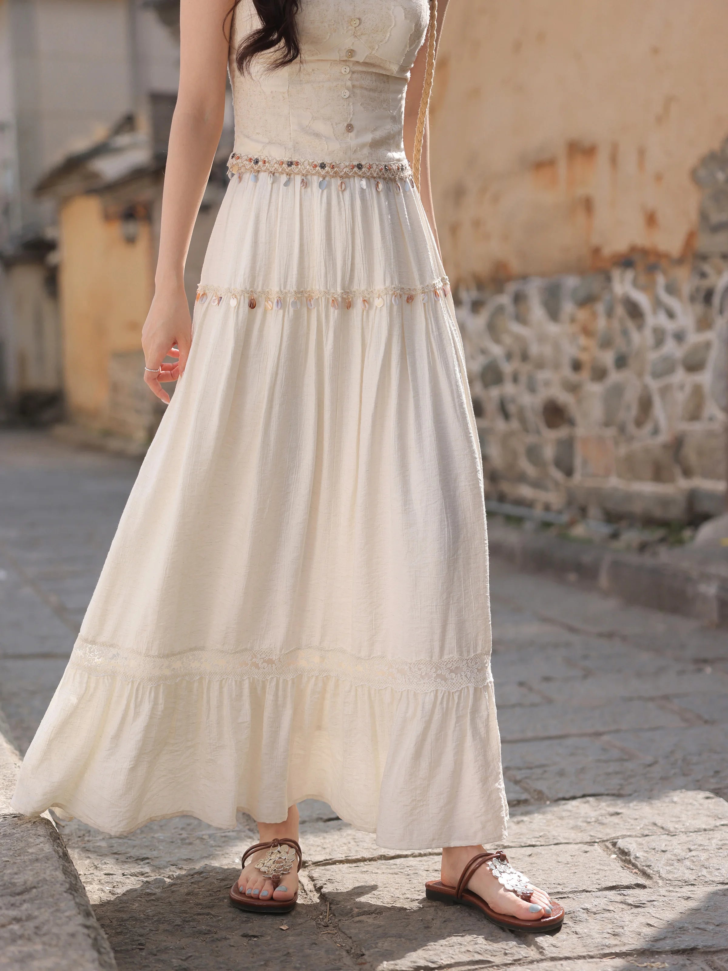 White Lace Three-Piece Set Spring Summer Slim Fit V-Neck Lace Cami Top High-Waisted A-Line Maxi Skirt Chic Red Fashion Shirt