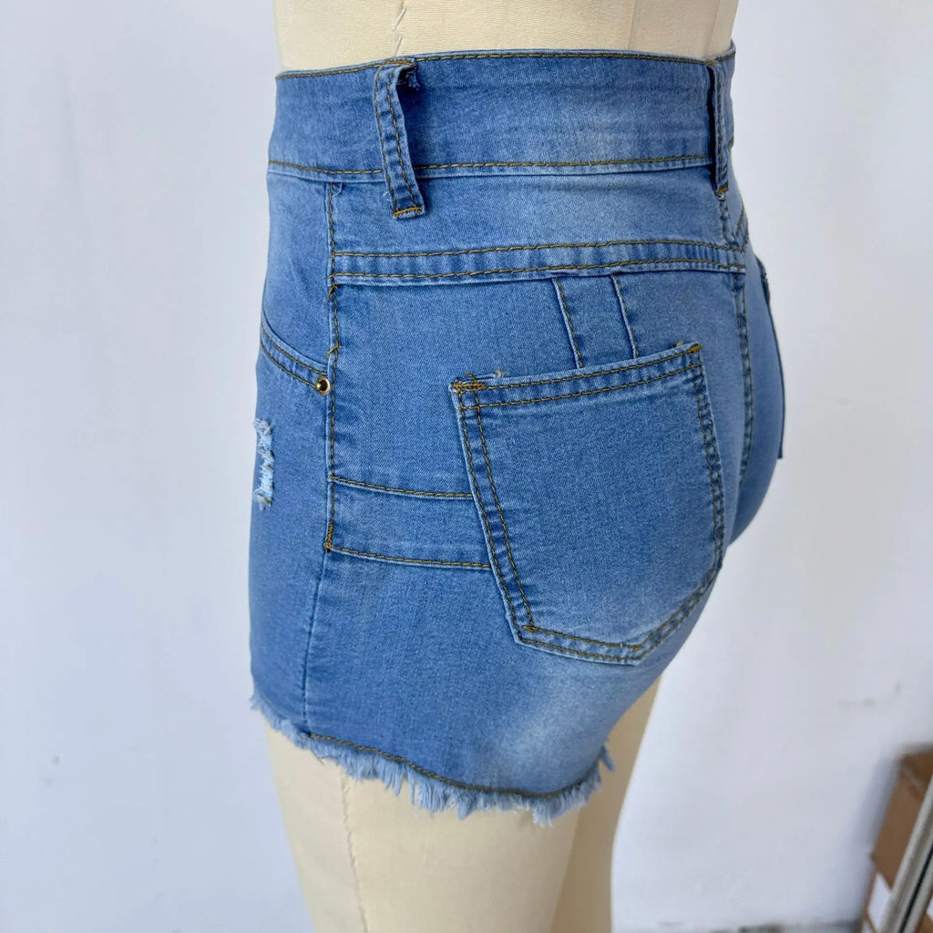 شورت جينز نسائي ضيق بقصة ضيقة ومثير وساخن وعصري بلون سادة وخصر عالٍ، ملابس كاجوال للسيدات.