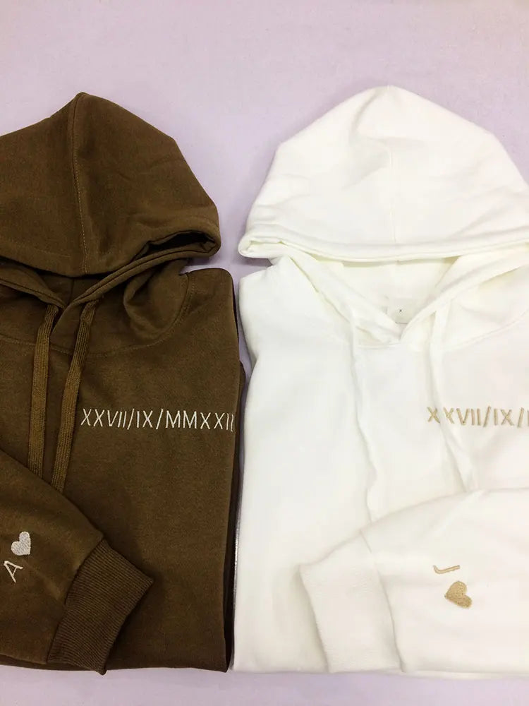 Custom Embroidered Couple Hoodie Personalized Roman Numeral Date Hoodie Date & Initial Hoodies Anniversary Gift Engagements Gift