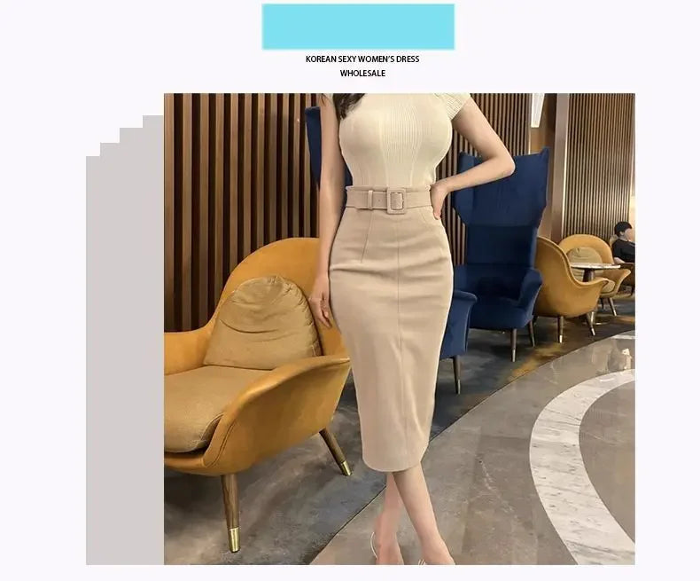 فستان خريفي كوري بتصميم جديد أنيق ونحيف مع حزام خصر عالي وتنورة هيب، تنورة كورية متعددة الاستخدامات وعصرية.