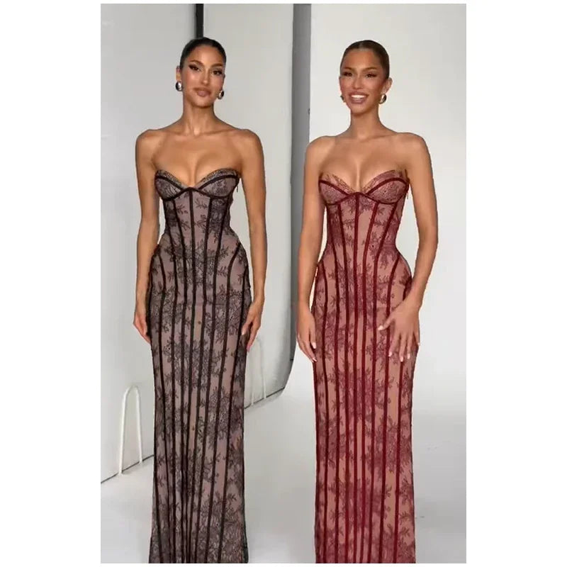 Women Strapless Tulle Fishbone Dress Backless Off Shoulder Printed Patchwork Slim Maxi Dresses 2026 Lady Chic Party Evening Gown