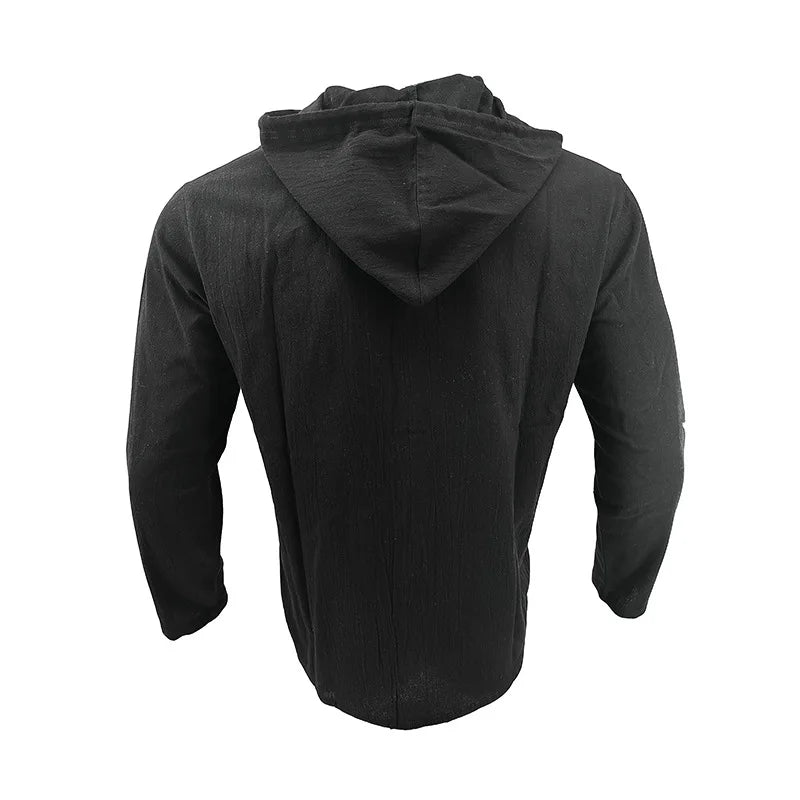 Men's solid color casual shirt, hooded drawstring cotton and linen cardigan, trendy and versatile loose beach T-shirt