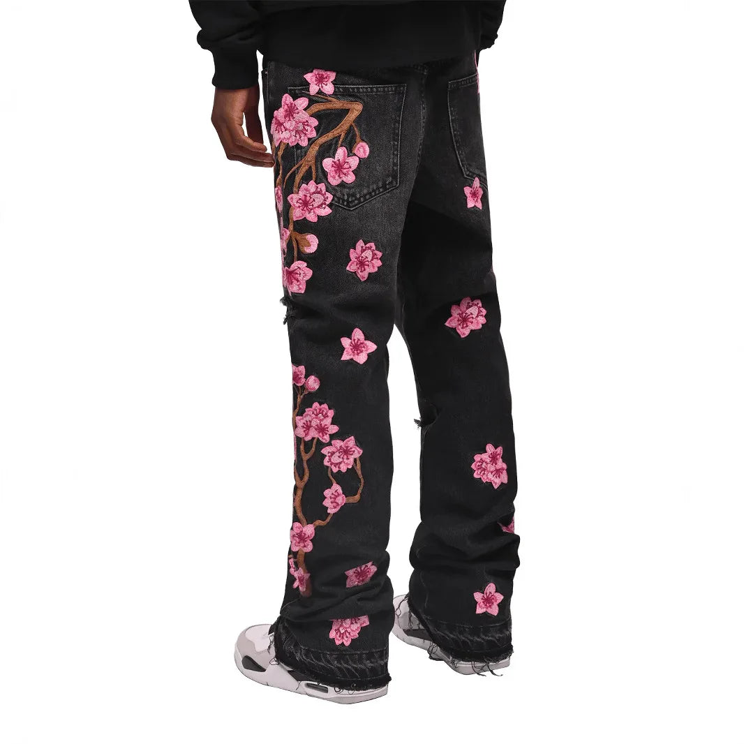 Men's high-street ripped jeans with floral embroidery patchwork, trendy street-style distressed flared jeans