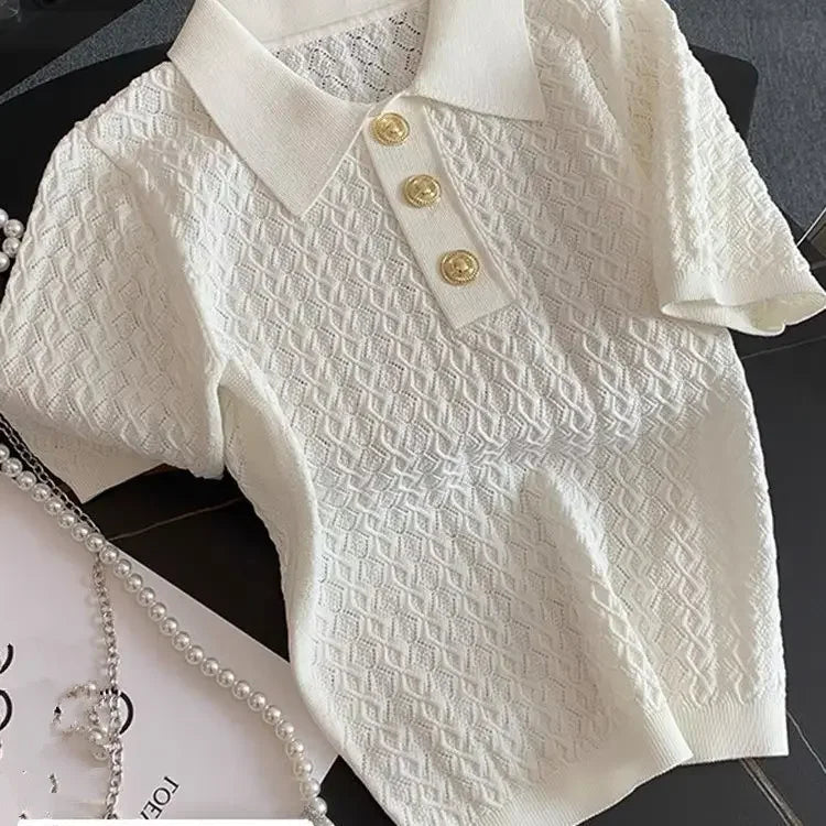 French High end Ice Silk Polo Shirt Women Summer Chic Thin Unique Jacquard Knitted Short Sleeve Loose White T-shirt Women Top