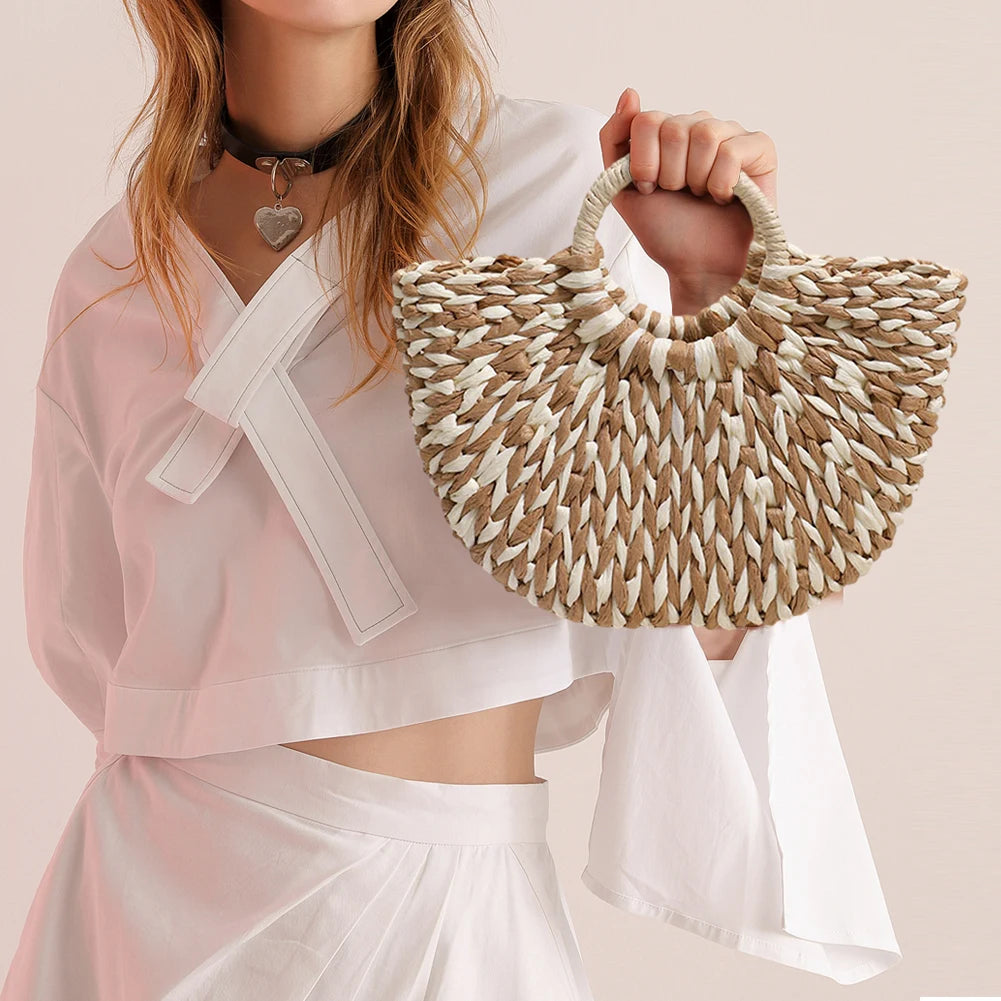 Women Straw Tote Handbag Large Capacity Semi-Circle Woven Bag Color Clash Semicircle Weaving Bag Summer Beach Handbag