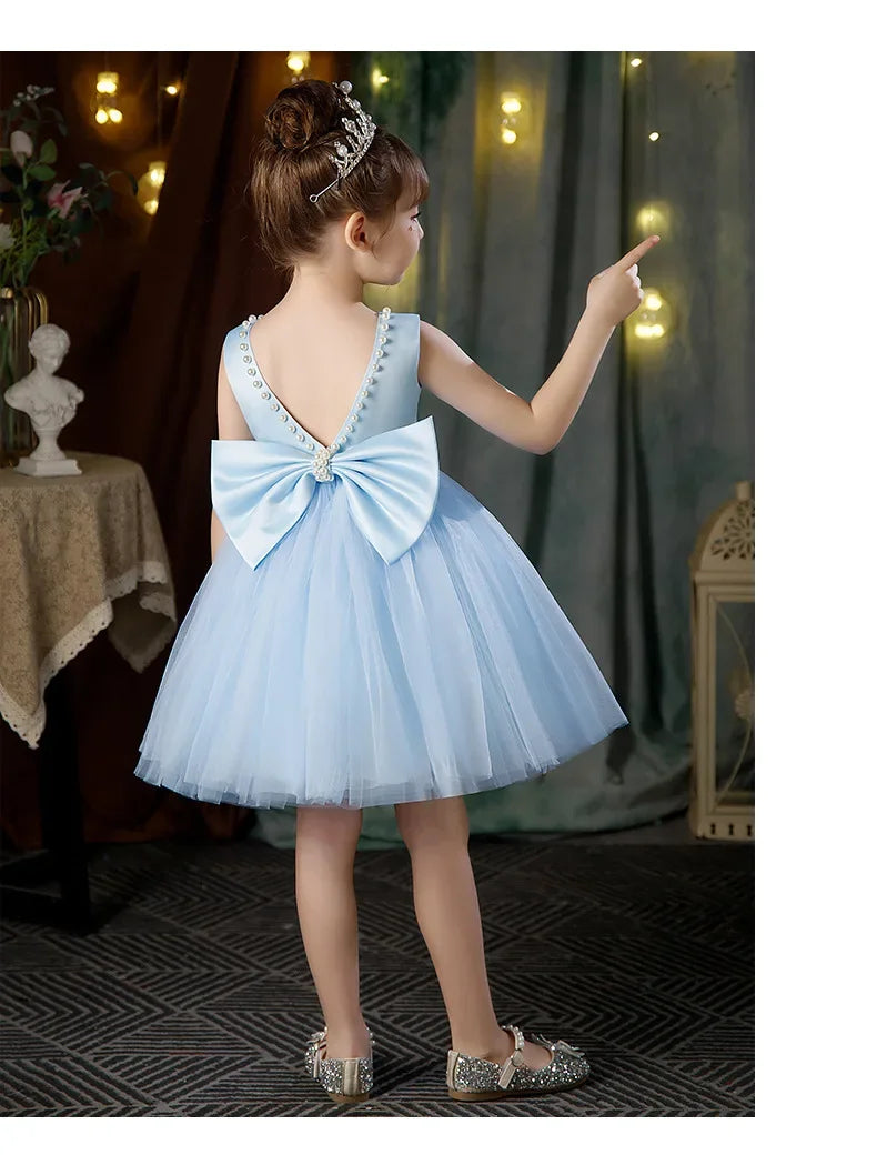 New Girls Princess Dress Summer Tulle Big Bow Girls Wedding Dress Piano Performance Costume Host Costume 2-10 Years Kids Clothes