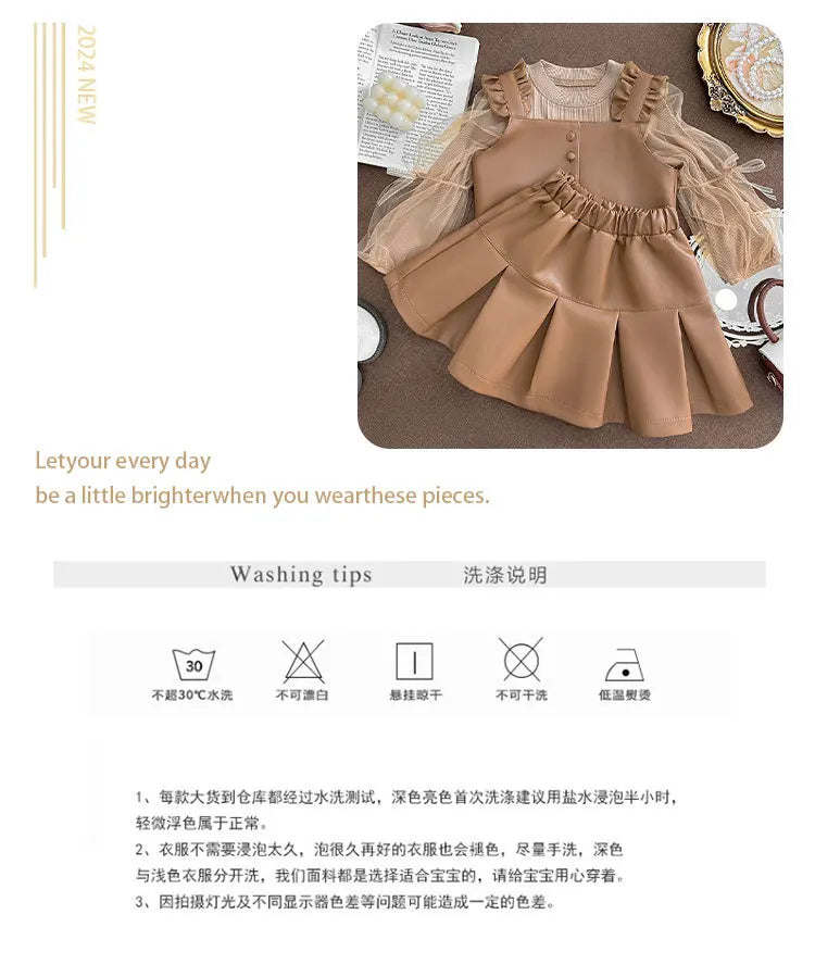 New Girls' Autumn Western Style Little Girls' Leather Two-Piece Suit Fashionable Children's Bottoming Shirt Trendy