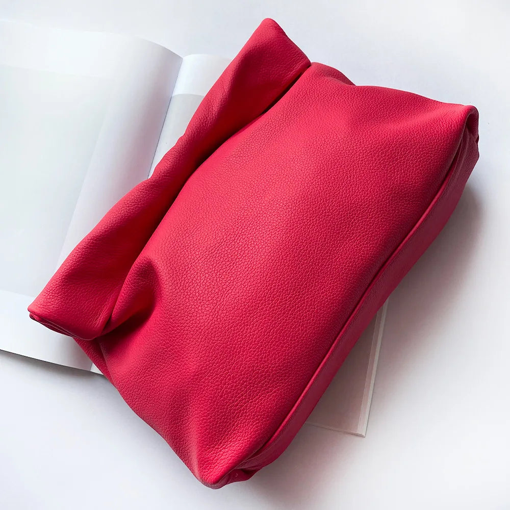 Personality roll-edge leather bag  lazy casual leather soft bag  Phone Women High Quality holding red large bag luxury designer