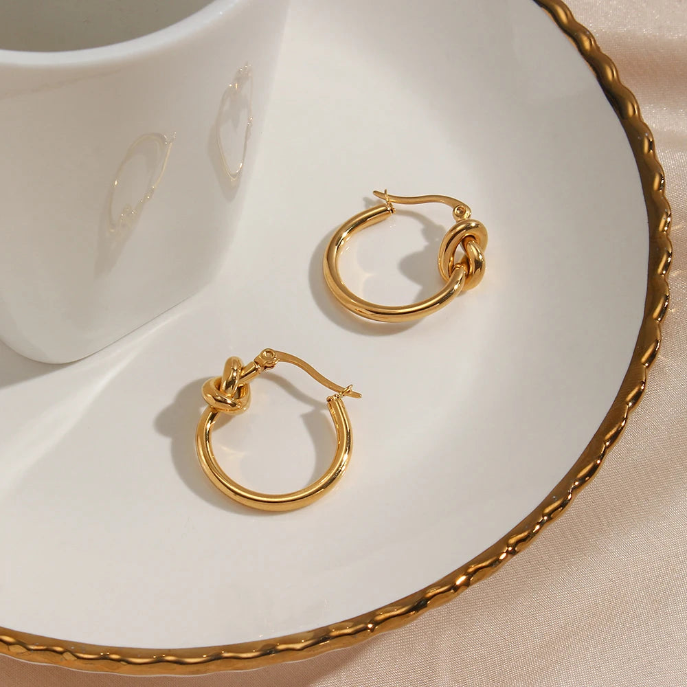 E.B.belle Knot Design Stainless Steel Hoop Earrings For Women Minimalist 18K Gold Plated Round Loop Hoop Earring Jewery For Lady