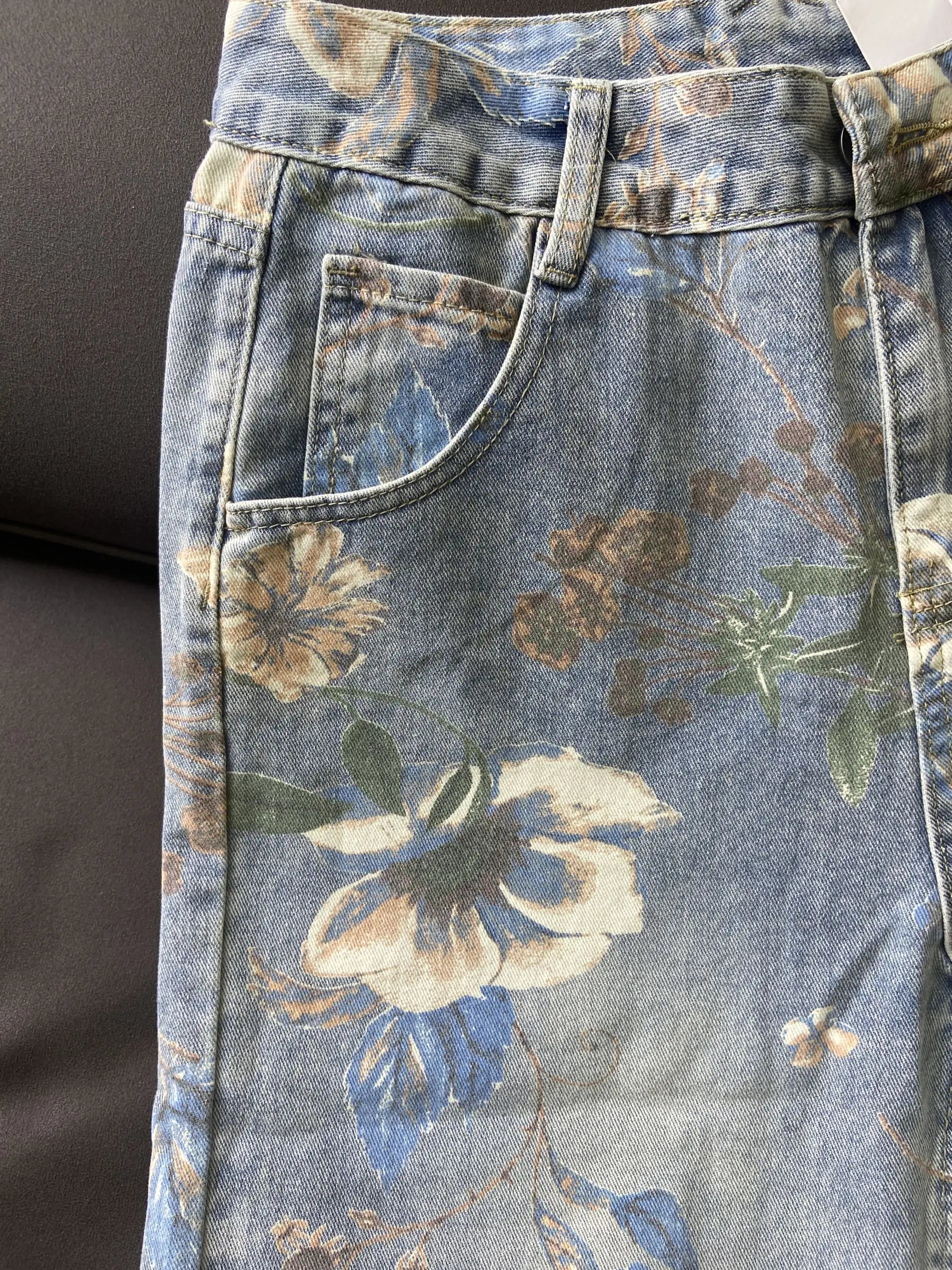Fashion Printed Jeans 2025 Retro Floral Denim Mopping Trousers Korean Style High Street Loose Hip Hop Wide-leg Jean Pants