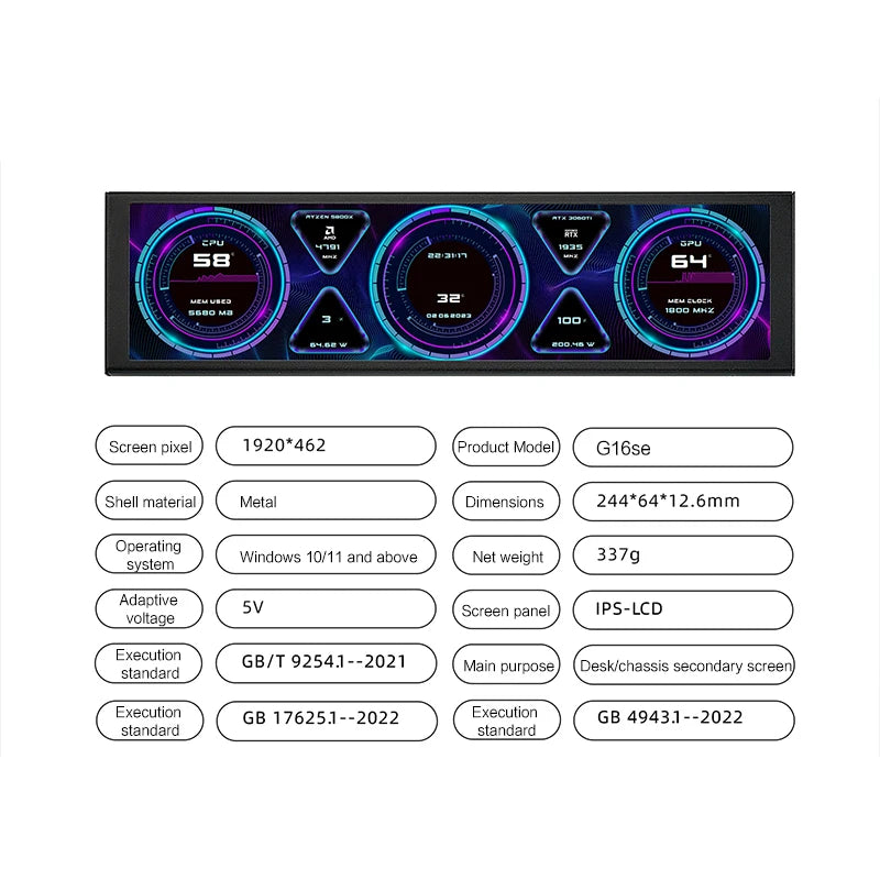 9.16'' Small Screen Display, IPS LCD Monitor for Desktop Computer Hardware Working Monitoring, Windowed Chassis Dedicated