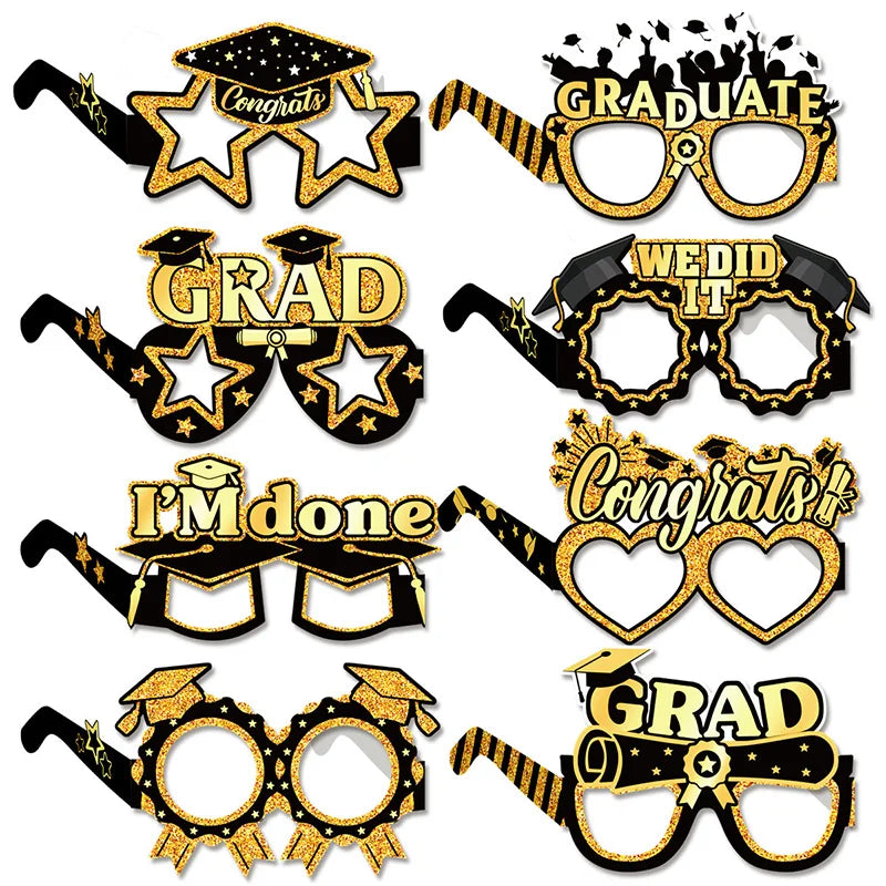 8pcs Graduation Party Decorations 2025 Paper Glitter Glasses Happy Graduation Grad Photo Booth Props Party Graduation Gifts