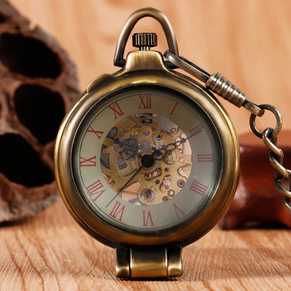 Hand Wind Mechanical Pocket Watch Cool 180 degrees Open Case Transparent Glass Cover Roman Numbers Unisex Chain Christmas Gifts