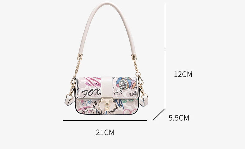 FOXER 2026 Fashion New Women's Underarm Bag PU Leather Graffiti Lady Chain Shoulder Bag Trendy Niche Design Crossbody Bag