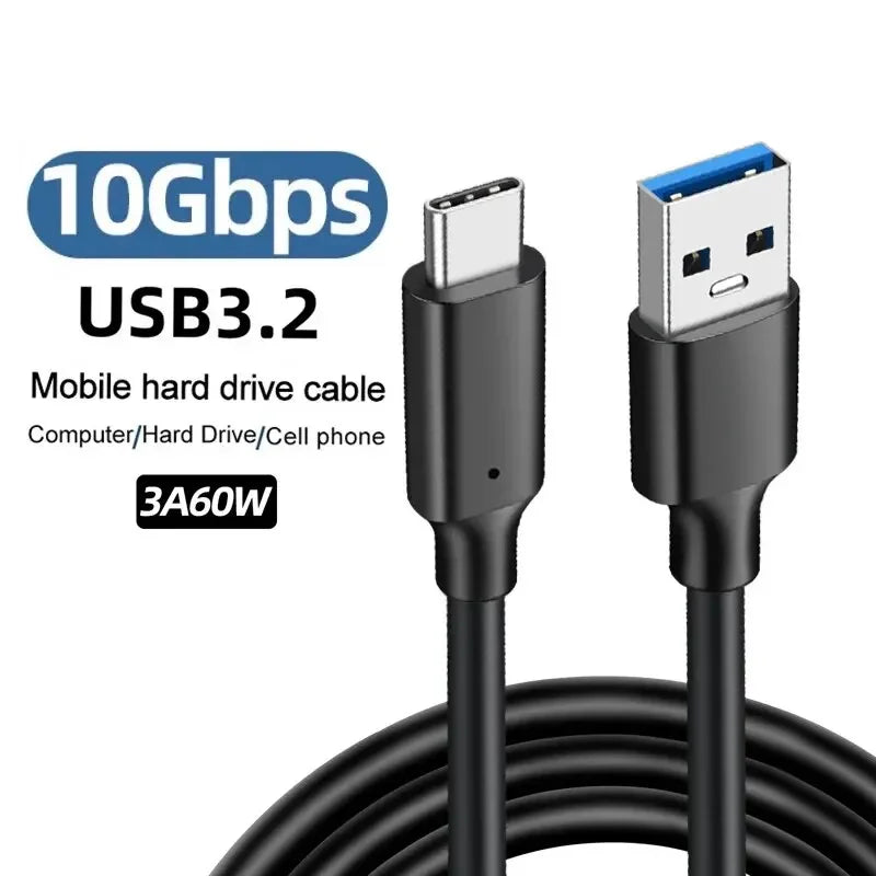 كابل USB3.2 10Gbps، كابل USB نوع A إلى USB C 3.1/3.2 Gen2، كابل نقل بيانات لمحرك الأقراص الصلبة SSD بمنفذ USB C، شحن سريع 3 أمبير 60 واط QC 3.0