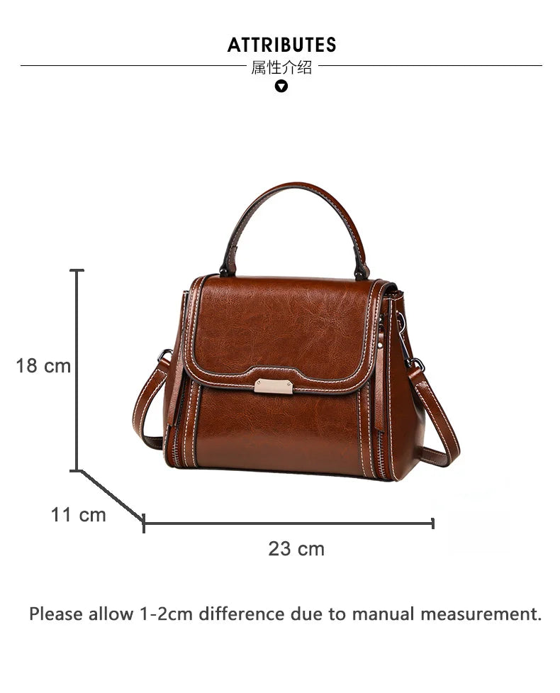 Oil Wax Cowhide Leather Women's Handbag 2024 New Crossbody Bag Lady Commuter Summer Bag Handbill Shoulder Messenger Bags